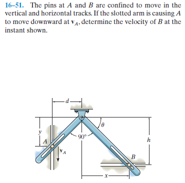 16-51. The pins at A and B are confined to move in the
vertical and horizontal tracks. If the slotted arm is causing A
to move downward at v4, determine the velocity of B at the
instant shown.
90
-x-
