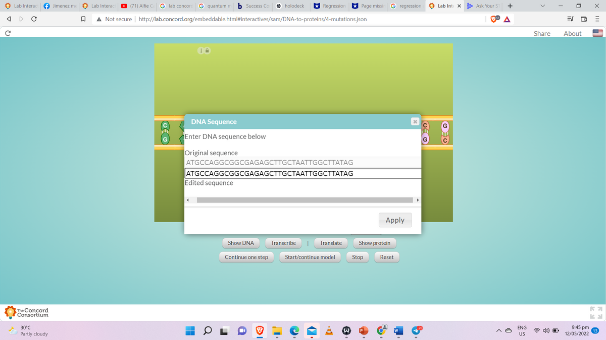 + Jimenez me
O Lab Interac
O (71) Alfie Ca
G lab concord
G quantum m
b Success Cor
a holodeck
* Regression
* Page missir
G regression
O Lab Inte x Ask Your ST
+
Lab Interac
A Not secure | http://lab.concord.org/embeddable.html#interactives/sam/DNA-to-proteins/4-mutations.json
Share
About
DNA Sequence
Enter DNA sequence below
Original sequence
ATGCCAGGCGGCGAGAGCTTGCTAATTGGCTTATAG
ATGCCAGGCGGCGAGAGCTTGCTAATTGGCTTATAG
Edited sequence
Apply
Show DNA
Transcribe
Translate
Show protein
Continue one step
Start/continue model
Stop
Reset
The Concord
Consortium
9:45 pm
12/05/2022
30°C
ENG
4) O
Partly cloudy
US
(7.
