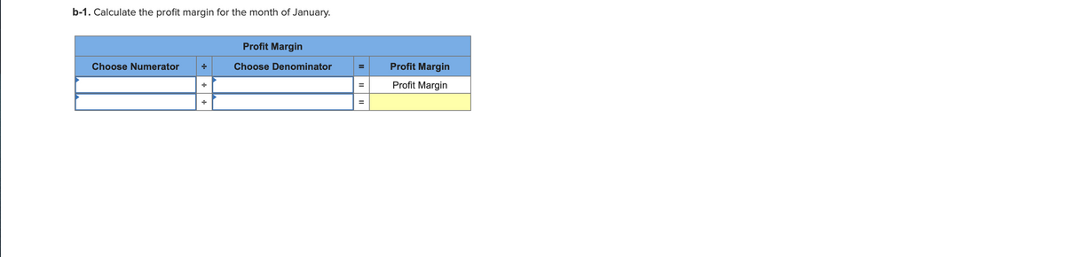 b-1. Calculate the profit margin for the month of January.
Profit Margin
Choose Numerator
Choose Denominator
Profit Margin
Profit Margin
%3D
II
II
