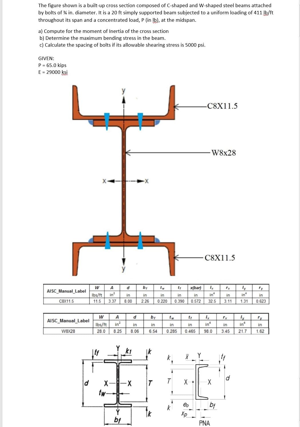 The figure shown is a built-up cross section composed of C-shaped and W-shaped steel beams attached
by bolts of % in. diameter. It is a 20 ft simply supported beam subjected to a uniform loading of 411 Ib/ft
throughout its span and a concentrated load, P (in Ib), at the midspan.
a) Compute for the moment of Inertia of the cross section
b) Determine the maximum bending stress in the beam.
c) Calculate the spacing of bolts if its allowable shearing stress is 5000 psi.
GIVEN:
P = 65.0 kips
E = 29000 ksi
С8X11.5
W8x28
C8X11.5
W
A
d
br
tw
x(bar)
ly
ry
AISC_Manual_Label
Ibs/ft
in
in
in
in
in
in
in
in
in
in
C8X11.5
11.5
3.37
8.00
2.26
0.220
0.390
0.572
32.5
3.11
1.31
0.623
W
A
d
tw
ry
AISC_Manual_Label
Ibs/ft
in?
in
in
in
in
in
in
in
in
W8X28
28.0
8.25
8.06
6.54
0.285
0.465
98.0
3.45
21.7
1.62
Ik
Y
X--x
tw-
k
eo bf
Хр
bf
PNA
