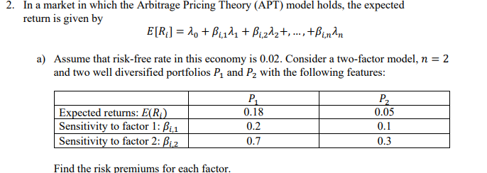 2. In a market in which the Arbitrage Pricing Theory (APT) model holds, the expected
return is given by
E[R] = 20 +ẞi,₁₁ + Bizd₂+, ..., +ßi,nan
a) Assume that risk-free rate in this economy is 0.02. Consider a two-factor model, n = 2
and two well diversified portfolios P₁ and P2 with the following features:
Expected returns: E(R₁)
Sensitivity to factor 1: ẞi,1
P₁
0.18
P₂
0.05
0.2
0.1
0.7
0.3
Sensitivity to factor 2: Biz
Find the risk premiums for each factor.