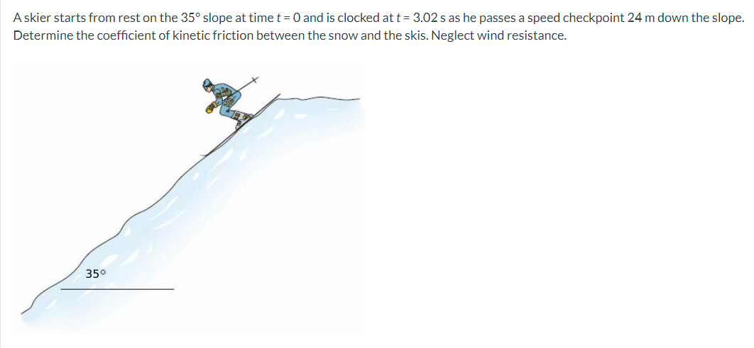 A skier starts from rest on the 35° slope at time t = 0 and is clocked at t = 3.02 s as he passes a speed checkpoint 24 m down the slope.
Determine the coefficient of kinetic friction between the snow and the skis. Neglect wind resistance.
35°