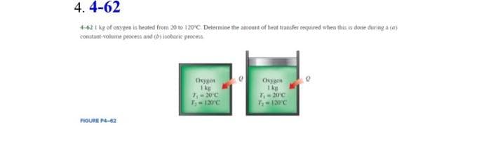 4. 4-62
4-62 I kg of osypen is heated from 20 to 120°C Determine the amount of bheat transfer required when this is done during a (a)
constant-volume procesa and (b isobarie process
Ocygen
Ikg
7,-20C
T120C
Osygen
Ikg
7,-20C
FIOURE PA-62
