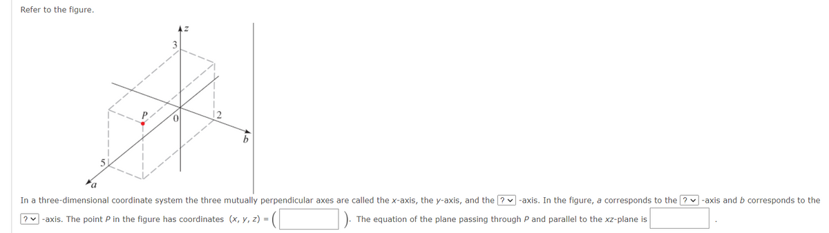 Refer to the figure.
Fa
In a three-dimensional coordinate system the three mutually perpendicular axes are called the x-axis, the y-axis, and the ?-axis. In the figure, a corresponds to the ?-axis and b corresponds to the
?-axis. The point P in the figure has coordinates (x, y, z) =
The equation of the plane passing through P and parallel to the xz-plane is