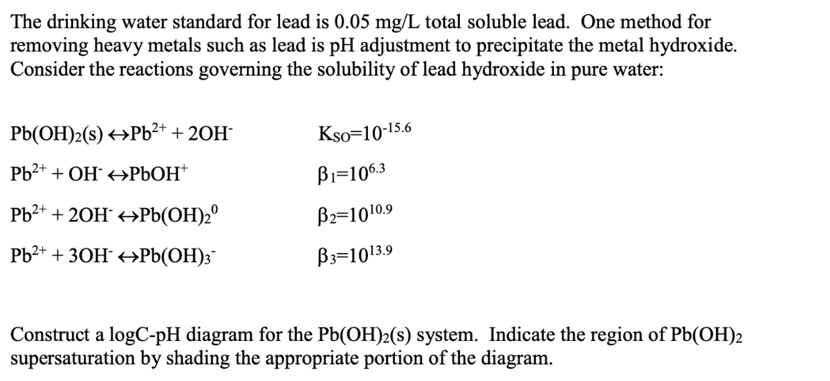 The drinking water standard for lead is 0.05 mg/L total soluble lead. One method for
removing heavy metals such as lead is pH adjustment to precipitate the metal hydroxide.
Consider the reactions governing the solubility of lead hydroxide in pure water:
Pb(OH)2(s) Pb²+ + 2OH-
Pb²+ + OH →PbOH+
2+
Pb²+ + 2OH™↔Pb(OH)₂⁰
Pb²+ + 3OH Pb(OH)3¯
Kso=10-15.6
B₁-106.3
B2-1010.9
B3-1013.9
Construct a logC-pH diagram for the Pb(OH)2(s) system. Indicate the region of Pb(OH)2
supersaturation by shading the appropriate portion of the diagram.