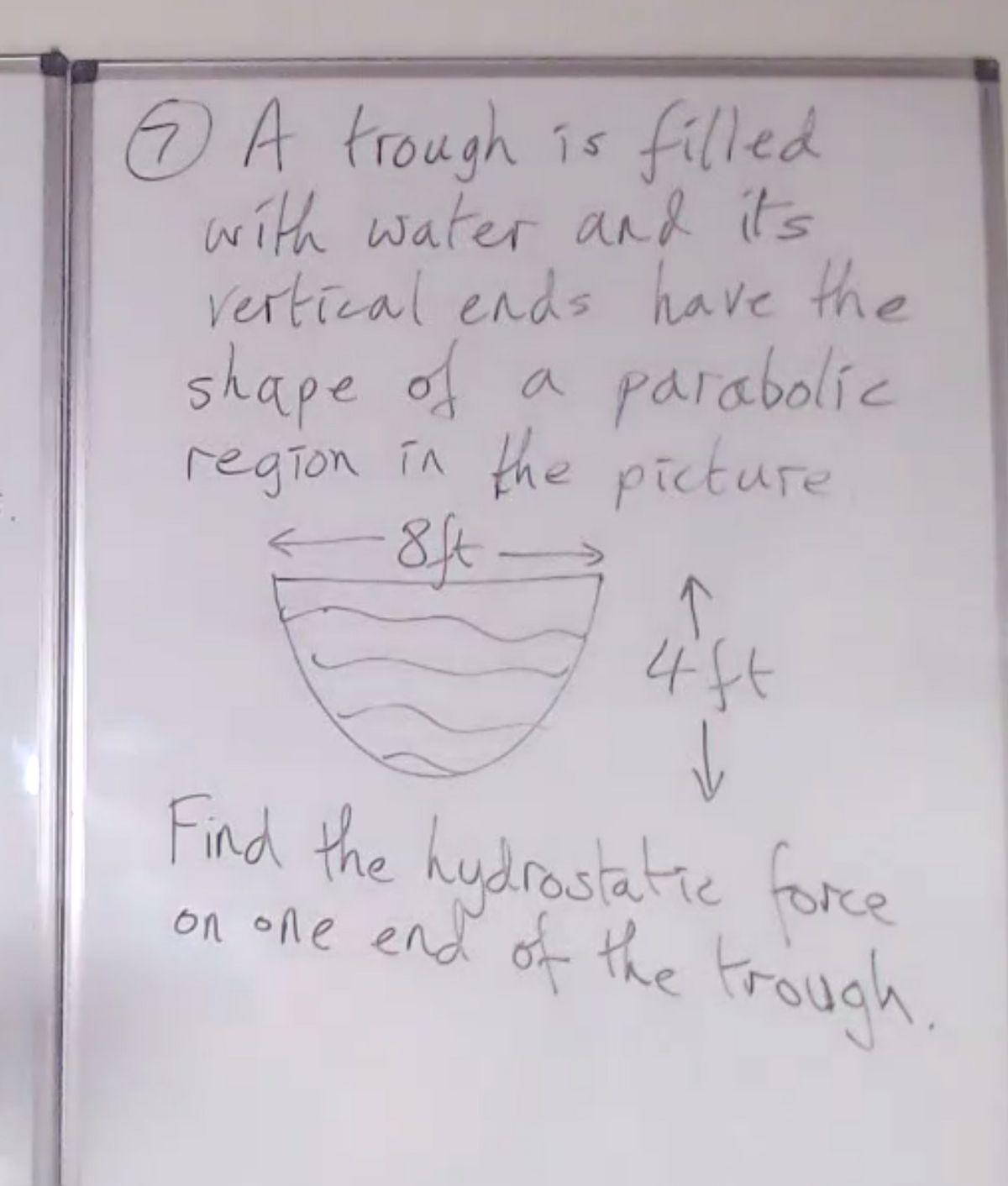 © A frough 16 filled
with water aad its
vertical ends have the
shape of a
region in the picture
Eft.
parabolie
4ft
Find the hudrastatie
force
on one
end of the trough.
