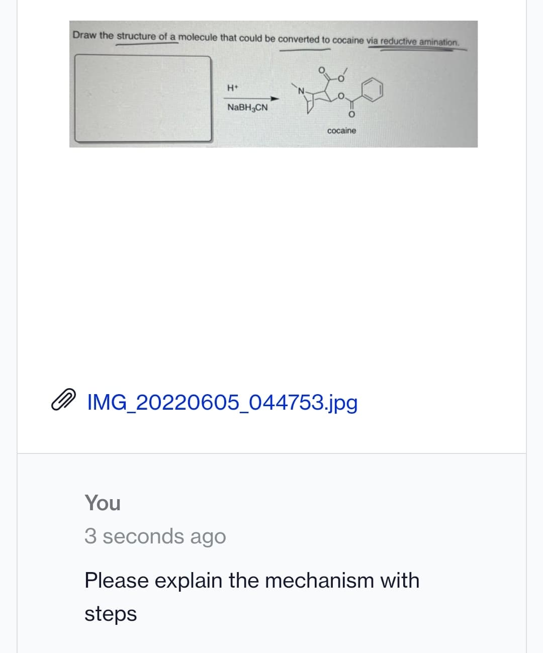 Draw the structure of a molecule that could be converted to cocaine via reductive amination.
H+
NaBH3CN
cocaine
IMG_20220605_044753.jpg
You
3 seconds ago
Please explain the mechanism with
steps