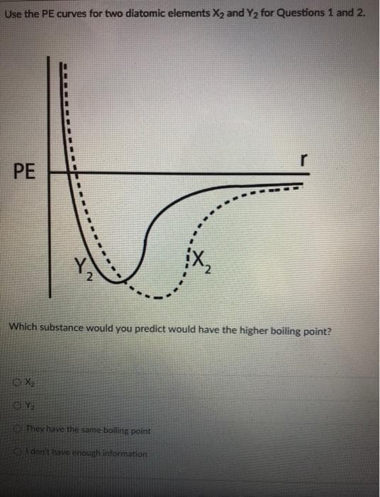 Use the PE curves for two diatomic elements X₂ and Y₂ for Questions 1 and 2.
PE
2
EX₂
OY
Which substance would you predict would have the higher boiling point?
r
They have the same boiling point
I don't have enough information