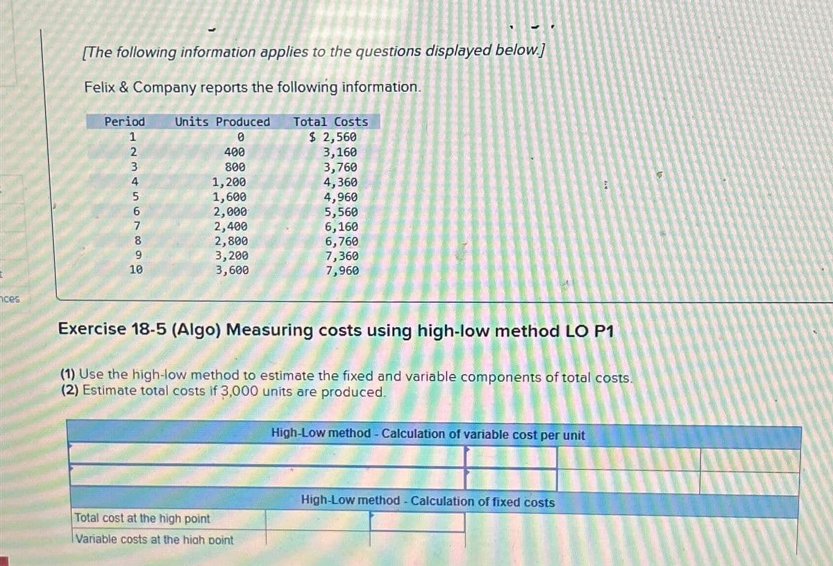 ces
[The following information applies to the questions displayed below.]
Felix & Company reports the following information.
Period
Units Produced
Total Costs
1234567820
0
$ 2,560
400
3,160
800
3,760
1,200
4,360
1,600
4,960
2,000
5,560
2,400
6,160
2,800
6,760
3,200
7,360
3,600
7,960
Exercise 18-5 (Algo) Measuring costs using high-low method LO P1
(1) Use the high-low method to estimate the fixed and variable components of total costs.
(2) Estimate total costs if 3,000 units are produced.
High-Low method - Calculation of variable cost per unit
Total cost at the high point
Variable costs at the high point
High-Low method - Calculation of fixed costs