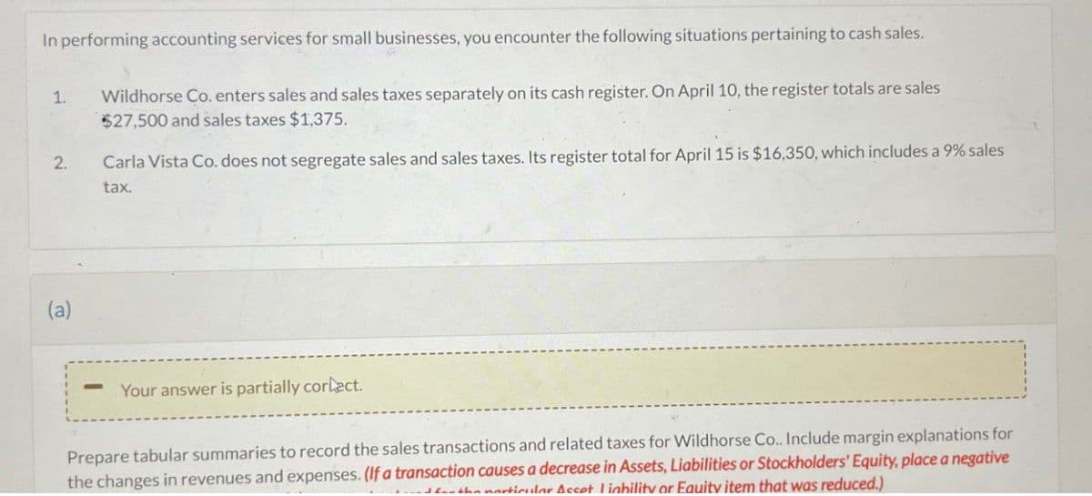 In performing accounting services for small businesses, you encounter the following situations pertaining to cash sales.
1.
Wildhorse Co. enters sales and sales taxes separately on its cash register. On April 10, the register totals are sales
$27,500 and sales taxes $1,375.
2. Carla Vista Co. does not segregate sales and sales taxes. Its register total for April 15 is $16,350, which includes a 9% sales
tax.
(a)
-
Your answer is partially corect.
Prepare tabular summaries to record the sales transactions and related taxes for Wildhorse Co... Include margin explanations for
the changes in revenues and expenses. (If a transaction causes a decrease in Assets, Liabilities or Stockholders' Equity, place a negative
…d for the narticular Accet Liability or Equity item that was reduced.)