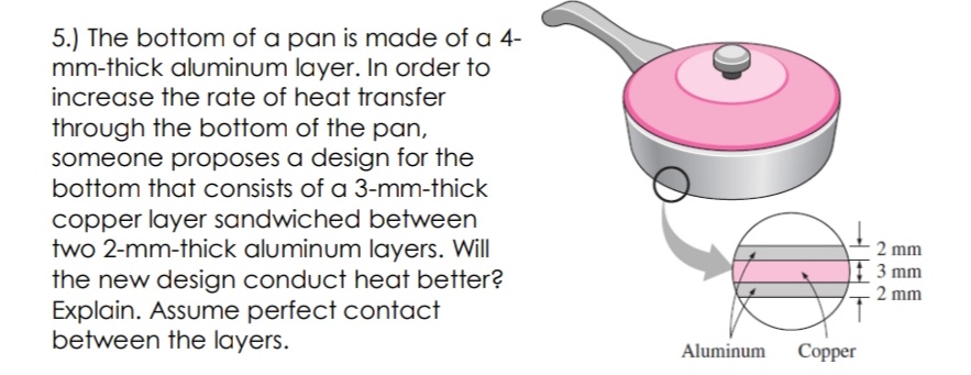 5.) The bottom of a pan is made of a 4-
mm-thick aluminum layer. In order to
increase the rate of heat transfer
through the bottom of the pan,
someone proposes a design for the
bottom that consists of a 3-mm-thick
copper layer sandwiched between
two 2-mm-thick aluminum layers. Will
the new design conduct heat better?
Explain. Assume perfect contact
between the layers.
2 mm
3 mm
2 mm
Aluminum
Сорper
