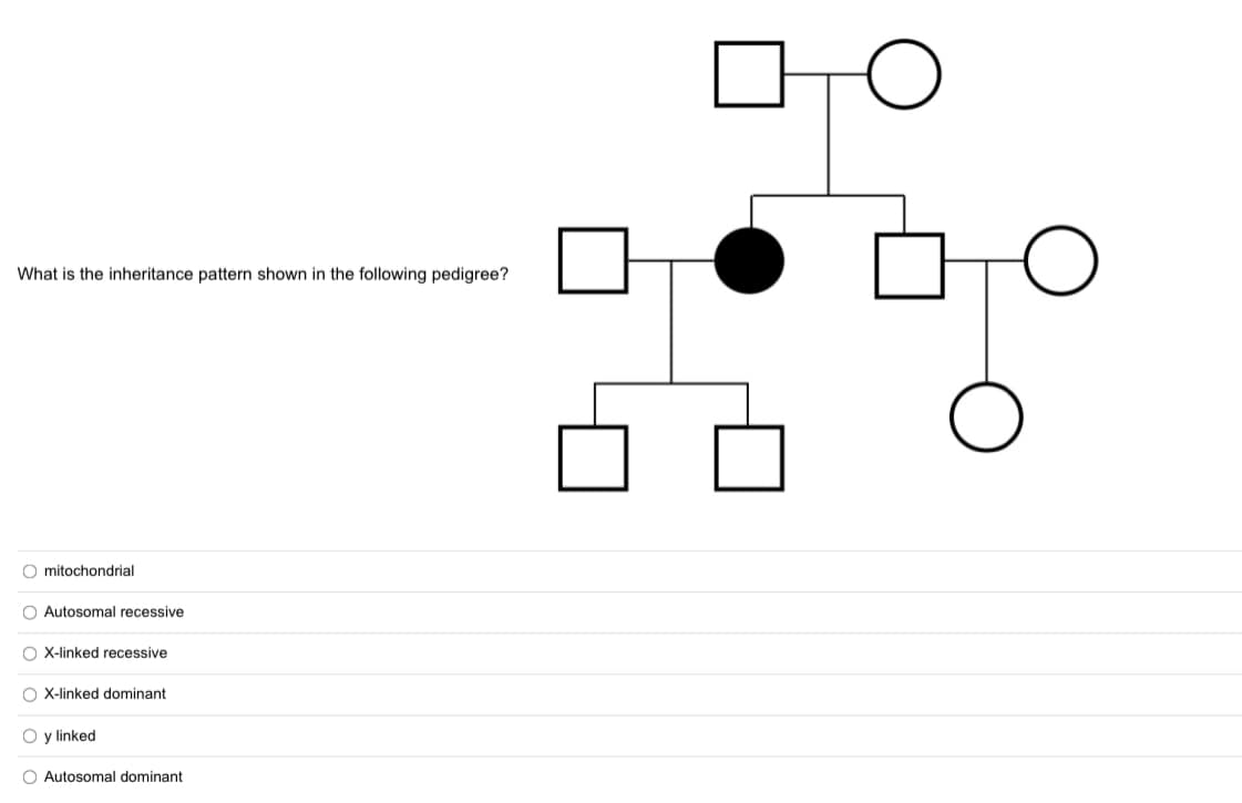 What is the inheritance pattern shown in the following pedigree?
O mitochondrial
O Autosomal recessive
O X-linked recessive
O X-linked dominant
O y linked
O Autosomal dominant
