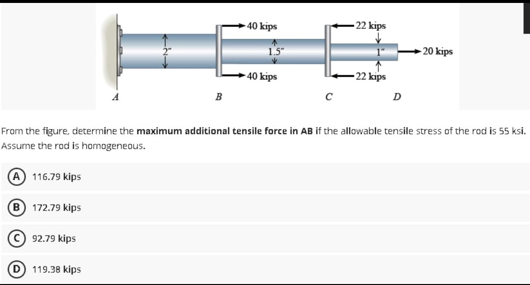 A 116.79 kips
B
172.79 kips
92.79 kips
A
119.38 kips
B
40 kips
1.5"
V
40 kips
C
From the figure, determine the maximum additional tensile force in AB if the allowable tensile stress of the rod is 55 ksi.
Assume the rod is homogeneous.
22 kips
-22 kips
D
-20 kips