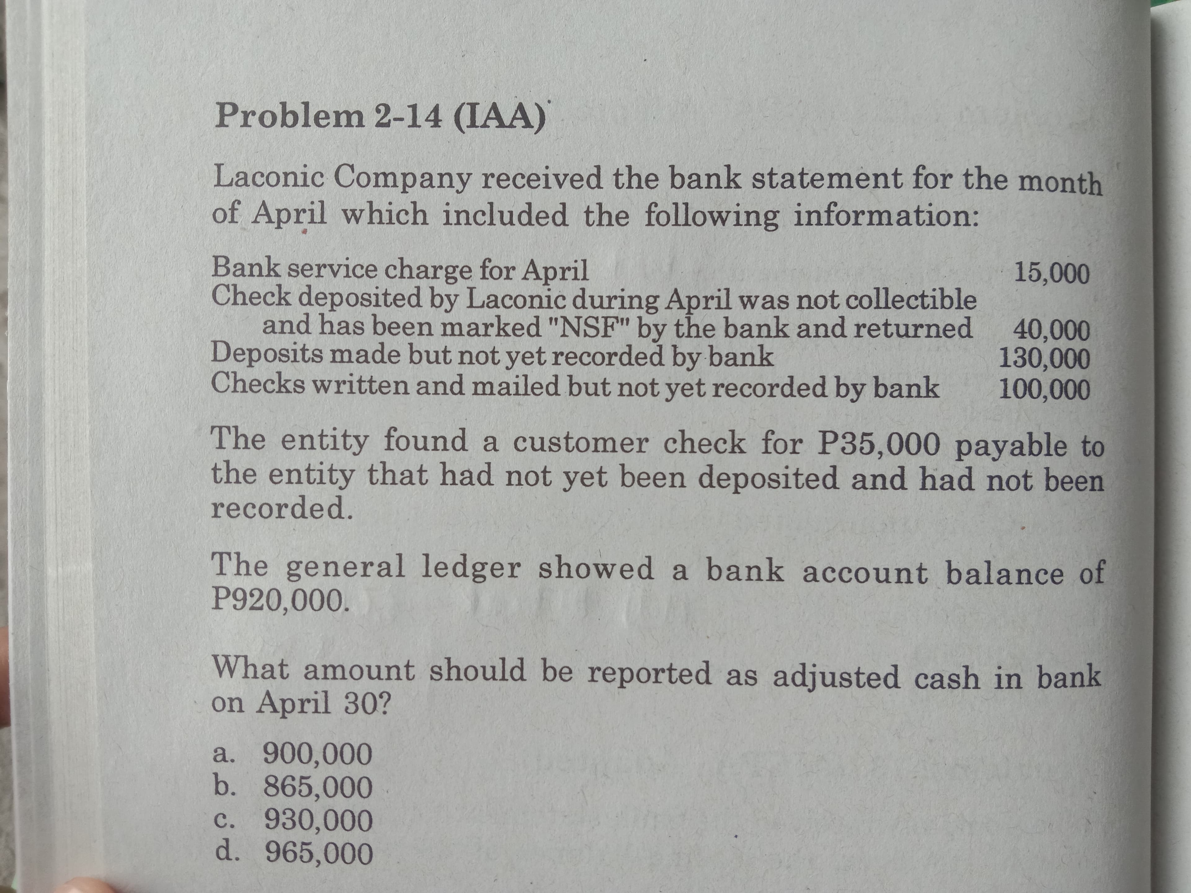 The general ledger showed a bank account balance of
P920,000.
What amount should be reported as adjusted cash in bank
on April 30?
a. 900,000
b. 865,000
c. 930,000
d. 965,000
с.
