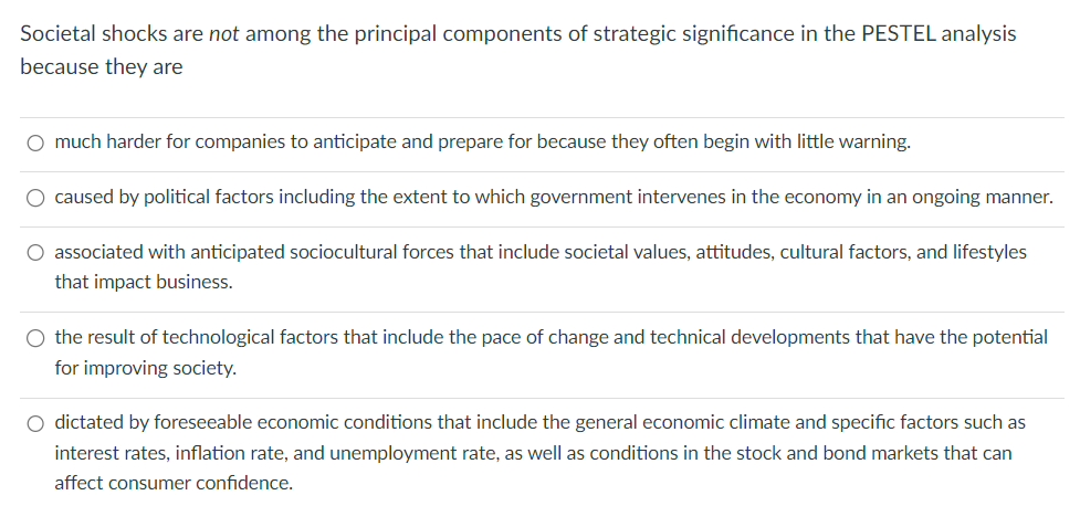 Societal shocks are not among the principal components of strategic significance in the PESTEL analysis
because they are
O much harder for companies to anticipate and prepare for because they often begin with little warning.
caused by political factors including the extent to which government intervenes in the economy in an ongoing manner.
○ associated with anticipated sociocultural forces that include societal values, attitudes, cultural factors, and lifestyles
that impact business.
○ the result of technological factors that include the pace of change and technical developments that have the potential
for improving society.
○ dictated by foreseeable economic conditions that include the general economic climate and specific factors such as
interest rates, inflation rate, and unemployment rate, as well as conditions in the stock and bond markets that can
affect consumer confidence.