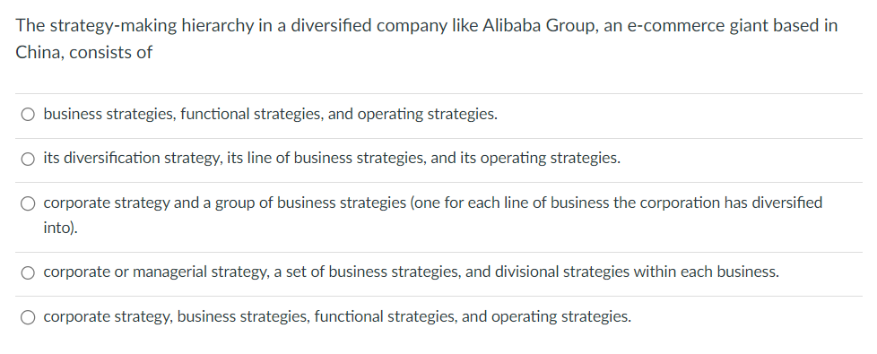 The strategy-making hierarchy in a diversified company like Alibaba Group, an e-commerce giant based in
China, consists of
○ business strategies, functional strategies, and operating strategies.
○ its diversification strategy, its line of business strategies, and its operating strategies.
○ corporate strategy and a group of business strategies (one for each line of business the corporation has diversified
into).
○ corporate or managerial strategy, a set of business strategies, and divisional strategies within each business.
○ corporate strategy, business strategies, functional strategies, and operating strategies.