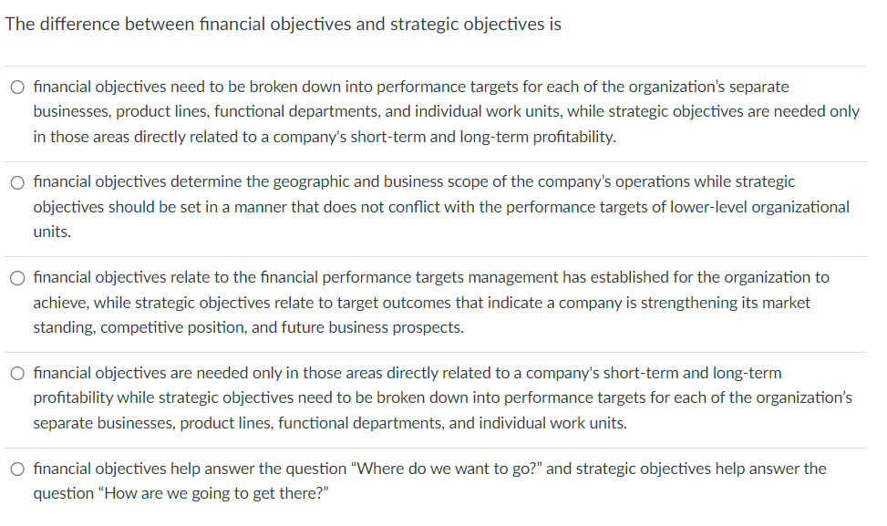 The difference between financial objectives and strategic objectives is
O financial objectives need to be broken down into performance targets for each of the organization's separate
businesses, product lines, functional departments, and individual work units, while strategic objectives are needed only
in those areas directly related to a company's short-term and long-term profitability.
○ financial objectives determine the geographic and business scope of the company's operations while strategic
objectives should be set in a manner that does not conflict with the performance targets of lower-level organizational
units.
○ financial objectives relate to the financial performance targets management has established for the organization to
achieve, while strategic objectives relate to target outcomes that indicate a company is strengthening its market
standing, competitive position, and future business prospects.
O financial objectives are needed only in those areas directly related to a company's short-term and long-term
profitability while strategic objectives need to be broken down into performance targets for each of the organization's
separate businesses, product lines, functional departments, and individual work units.
○ financial objectives help answer the question "Where do we want to go?" and strategic objectives help answer the
question "How are we going to get there?"