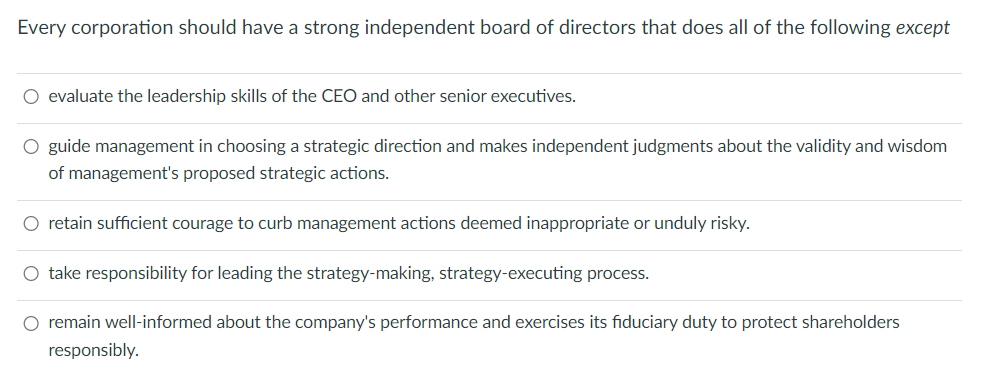 Every corporation should have a strong independent board of directors that does all of the following except
O evaluate the leadership skills of the CEO and other senior executives.
O guide management in choosing a strategic direction and makes independent judgments about the validity and wisdom
of management's proposed strategic actions.
○ retain sufficient courage to curb management actions deemed inappropriate or unduly risky.
O take responsibility for leading the strategy-making, strategy-executing process.
○ remain well-informed about the company's performance and exercises its fiduciary duty to protect shareholders
responsibly.