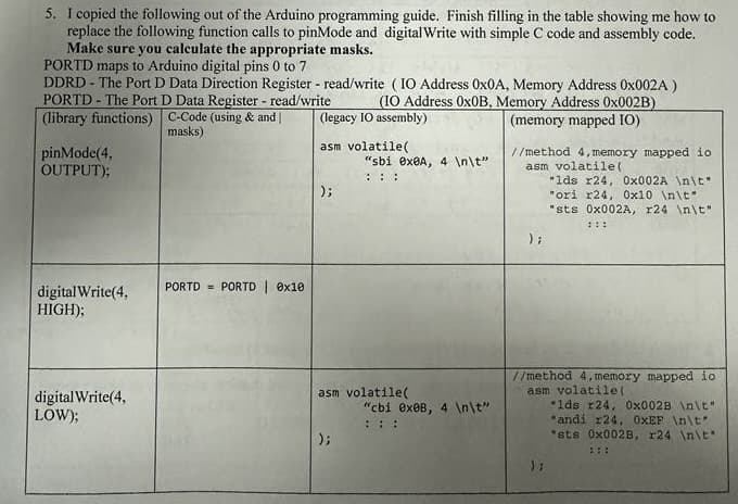 5. I copied the following out of the Arduino programming guide. Finish filling in the table showing me how to
replace the following function calls to pinMode and digitalWrite with simple C code and assembly code.
Make sure you calculate the appropriate masks.
PORTD maps to Arduino digital pins 0 to 7
DDRD The Port D Data Direction Register - read/write (IO Address 0x0A, Memory Address 0x002A)
PORTD The Port D Data Register - read/write (10 Address 0x0B, Memory Address 0x002B)
(library functions) C-Code (using & and
(memory mapped IO)
pinMode(4,
OUTPUT);
masks)
(legacy IO assembly)
asm volatile(
"sbi 0x0A, 4 \n\t"
);
//method 4, memory mapped io
asm volatile (
"lds r24, 0x002A \n\t"
"ori r24, 0x10 \n\t
"sts 0x002A, r24 \n\t"
digitalWrite(4,
HIGH);
PORTD PORTD | 0x10
digitalWrite(4,
LOW);
asm volatile(
"cbi 0x0B, 4 \n\t"
);
//method 4, memory mapped io
asm volatile(
lds r24, 0x002B \n\t"
"andi r24, 0xEF \n\t"
*sts 0x0028, r24 \n\t
";