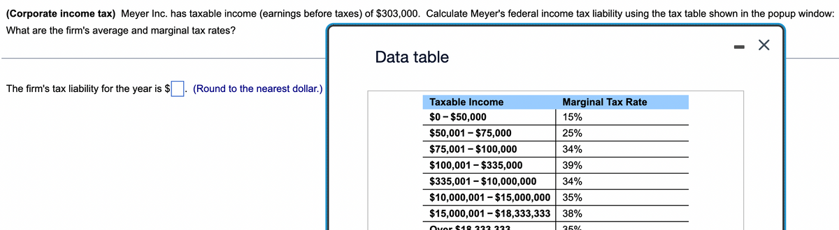 (Corporate income tax) Meyer Inc. has taxable income (earnings before taxes) of $303,000. Calculate Meyer's federal income tax liability using the tax table shown in the popup window:
What are the firm's average and marginal tax rates?
Data table
The firm's tax liability for the year is $
(Round to the nearest dollar.)
Taxable Income
Marginal Tax Rate
$0-$50,000
15%
$50,001-$75,000
25%
$75,001-$100,000
34%
$100,001 - $335,000
39%
$335,001-$10,000,000
34%
$10,000,001 - $15,000,000 35%
$15,000,001 - $18,333,333 38%
Over $18 333 333.
350
- ☑