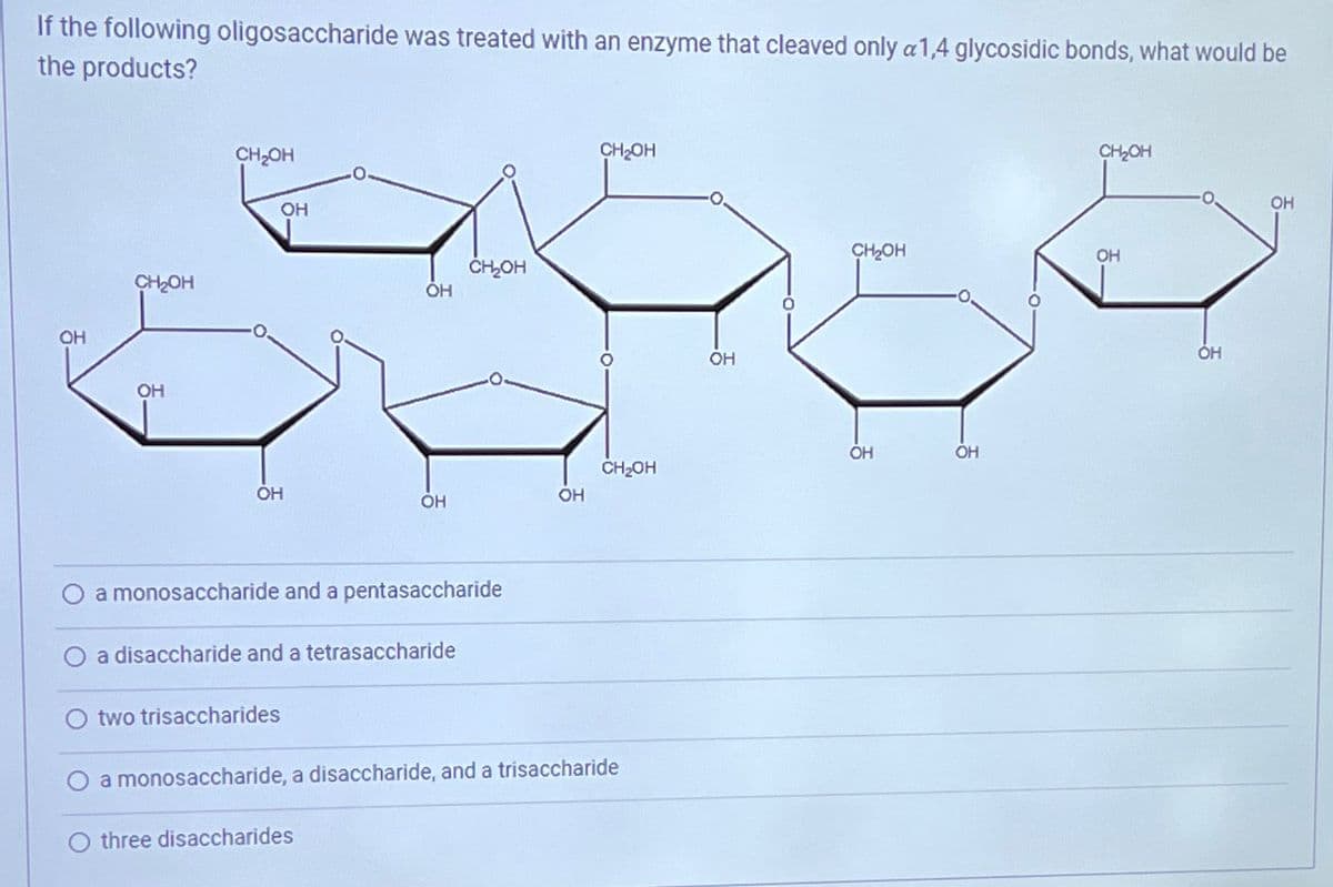 If the following oligosaccharide was treated with an enzyme that cleaved only a 1,4 glycosidic bonds, what would be
the products?
OH
CH₂OH
OH
CH₂OH
OH
CH₂OH
OH
OH
OH
OH
CH₂OH
CH₂OH
a monosaccharide and a pentasaccharide
a disaccharide and a tetrasaccharide
two trisaccharides
a monosaccharide, a disaccharide, and a trisaccharide
O three disaccharides
OH
CH₂OH
OH
CH₂OH
OH
OH
OH
OH