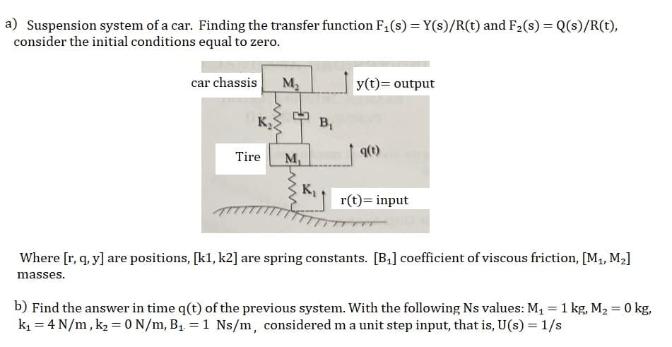 a) Suspension system of a car. Finding the transfer function F₁(s) = Y(s)/R(t) and F₂ (s) = Q(s)/R(t),
consider the initial conditions equal to zero.
car chassis
www
K₂
M₂
1
Tire M₁
K₁
B₁
y(t)= output
q(t)
r(t)= input
Where [r, q, y] are positions, [k1, k2] are spring constants. [B₁] coefficient of viscous friction, [M₁, M₂]
masses.
b) Find the answer in time q(t) of the previous system. With the following Ns values: M₁ = 1 kg, M₂ = 0 kg,
k₁ = 4 N/m, k₂ = 0 N/m, B₁. = 1 Ns/m, considered m a unit step input, that is, U(s) = 1/s