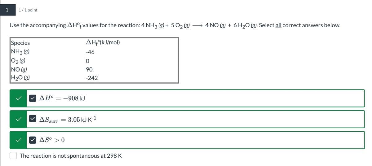 1
1/1 point
Use the accompanying AHOf values for the reaction: 4 NH3 (g) + 5 O2 (g) → 4 NO (g) + 6 H2O (g). Select all correct answers below.
Species
NH3 (g)
02 (g)
NO (g)
H2O (g)
AH°(kJ/mol)
-46
0
90
-242
>
ΔΗ
= -908 kJ
AS surr
=
AS° 0
3.05 kJ K-1
The reaction is not spontaneous at 298 K