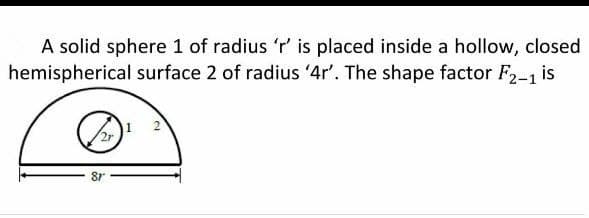 A solid sphere 1 of radius 'r' is placed inside a hollow, closed
hemispherical surface 2 of radius '4r'. The shape factor F2-1 is
81