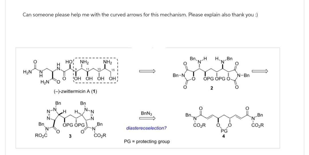Can someone please help me with the curved arrows for this mechanism. Please explain also thank you :)
HO NH2
NH2
Bn H
'N'
H Bn
N.
11
13.
H₂N 'N'
Bn-N
N-Bn
O OH OH OH OH
H₂N
OPG OPG O
2
(-)-zwittermicin A (1)
Bn
Bn
N-NH
H N-N
-N
N-
N
Bn
OPG OPG
Bn
Ν
N'
RO₂C
3
CO₂R
'N'
BnN3
Bn.
CO₂R
PG
diastereoselection?
PG protecting group
Bn
N
CO₂R
Spi