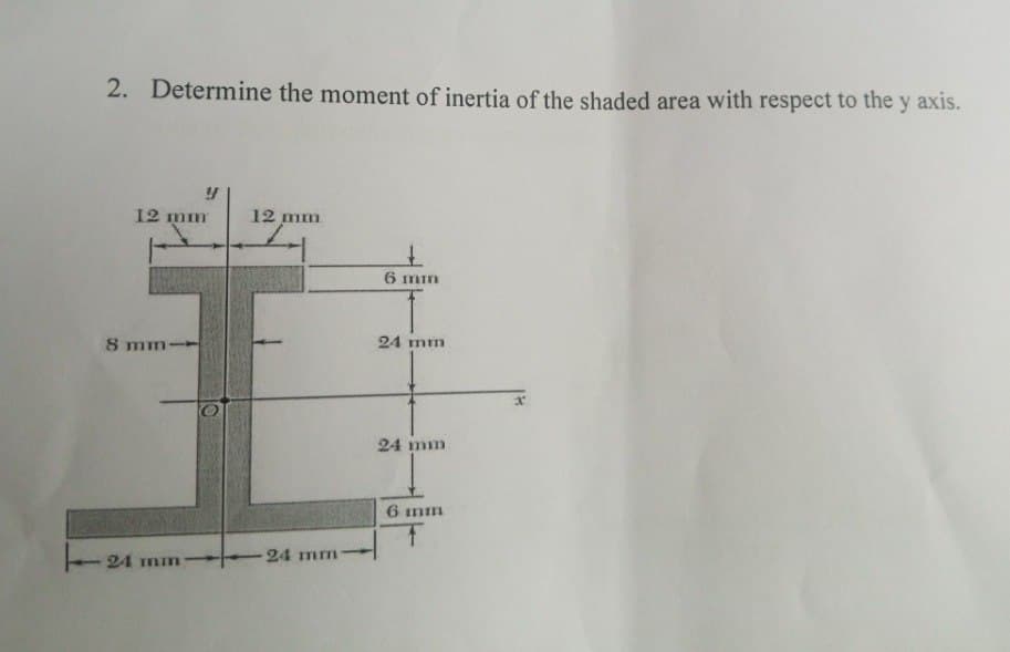 2. Determine the moment of inertia of the shaded area with respect to the y axis.
8 mm
24
12 mm
Y
mm
12 mm
4
24 mm
+
6 mm
24 mm
24 mm
6 mm