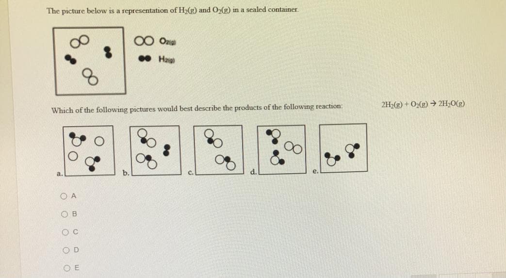 The picture below is a representation of H(g) and O(g) in a sealed container
Ona
• Hag
2H2(g) + O,(g) → 2H,O(g)
Which of the following pictures would best describe the products of the following reaction
O A
O B
O D
O E
00
