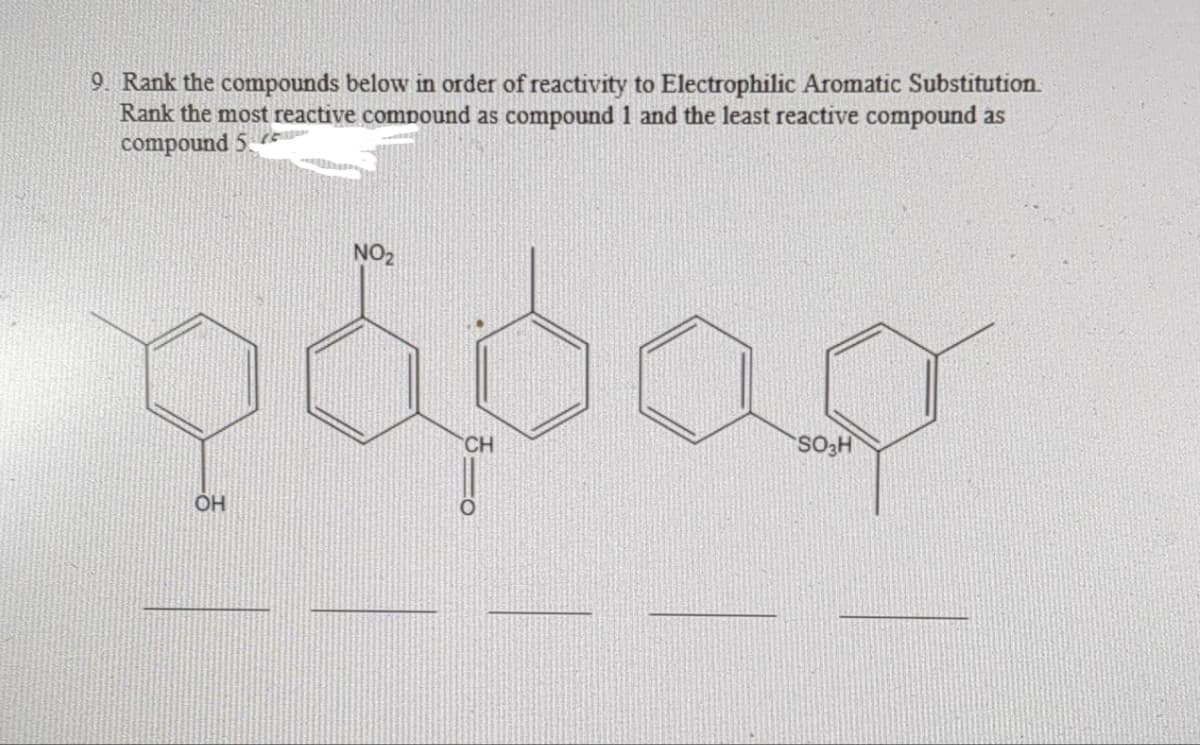 9. Rank the compounds below in order of reactivity to Electrophilic Aromatic Substitution.
Rank the most reactive compound as compound 1 and the least reactive compound as
compound 5.
OH
NO2
CH
SO3H