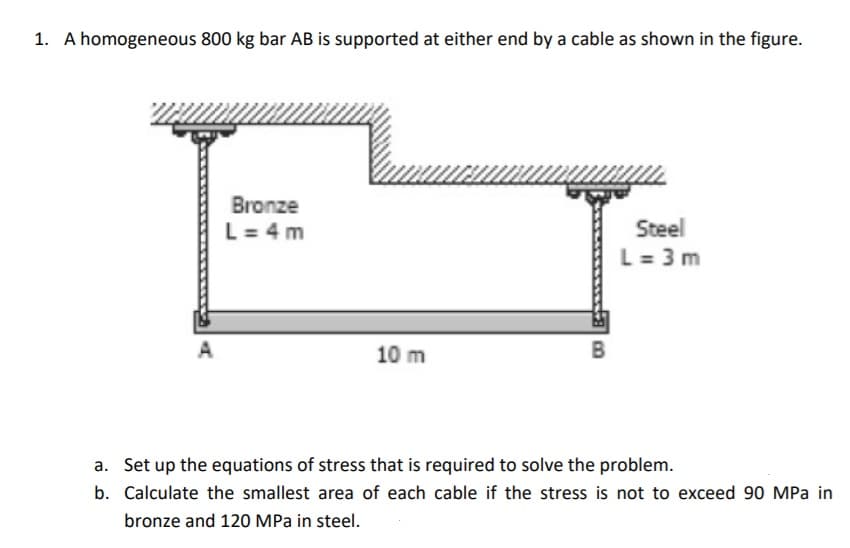 1. A homogeneous 800 kg bar AB is supported at either end by a cable as shown in the figure.
Bronze
L= 4 m
Steel
L = 3 m
A
10 m
a. Set up the equations of stress that is required to solve the problem.
b. Calculate the smallest area of each cable if the stress is not to exceed 90 MPa in
bronze and 120 MPa in steel.

