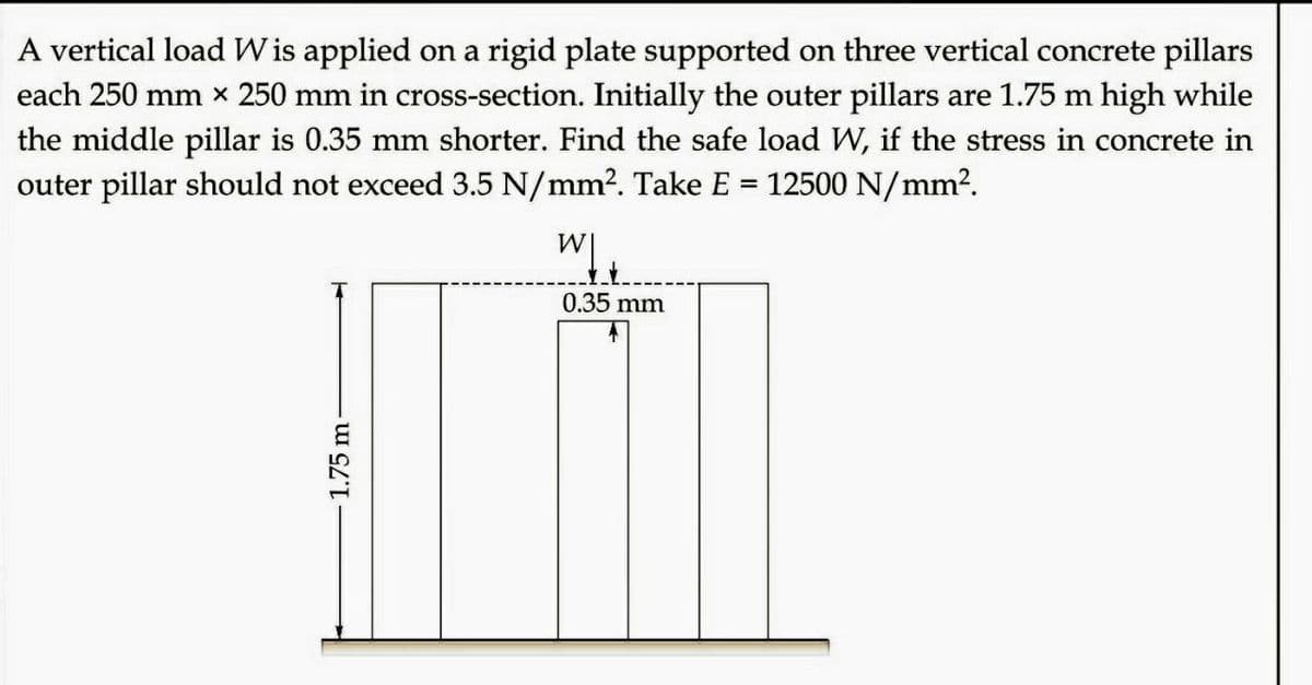 A vertical load Wis applied on a rigid plate supported on three vertical concrete pillars
each 250 mm x 250 mm in cross-section. Initially the outer pillars are 1.75 m high while
the middle pillar is 0.35 mm shorter. Find the safe load W, if the stress in concrete in
outer pillar should not exceed 3.5 N/mm². Take E = 12500 N/mm².
1.75 m-
WI
0.35 mm