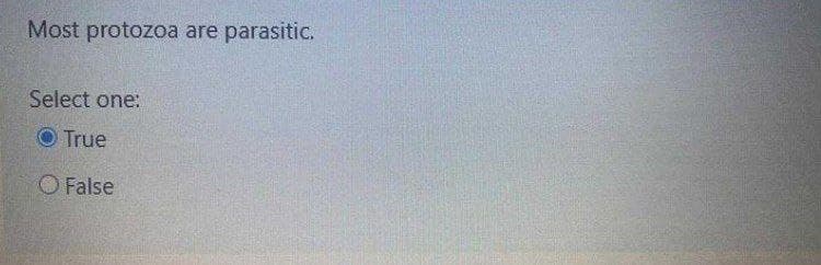 Most protozoa are parasitic.
Select one:
O True
O False
