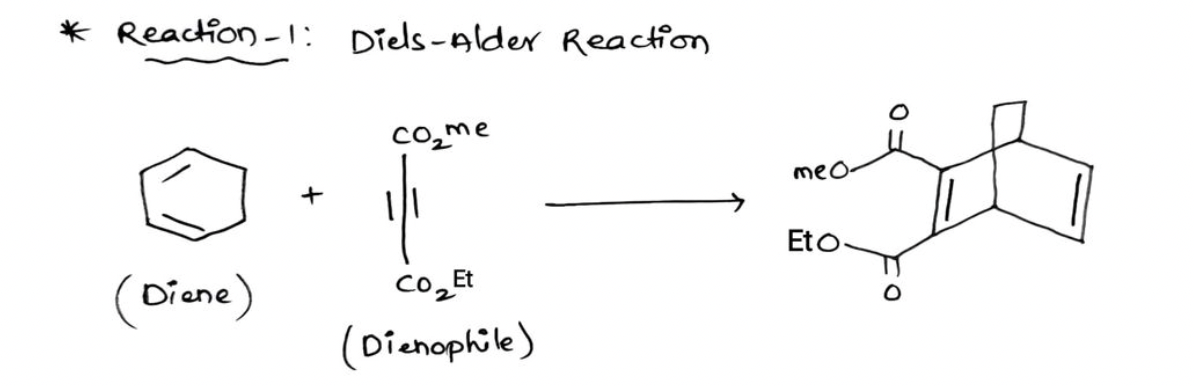 * Reaction -1: Diels-Alder Reaction
co̟me
meo
Eto.
(Diene)
Co̟Et
(Dienophile)
