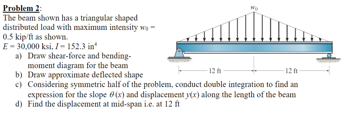 Problem 2:
The beam shown has a triangular shaped
distributed load with maximum intensity wo =
0.5 kip/ft as shown.
E = 30,000 ksi, I = 152.3 in
WO
a) Draw shear-force and bending-
moment diagram for the beam
12 ft
12 ft
b) Draw approximate deflected shape
c) Considering symmetric half of the problem, conduct double integration to find an
expression for the slope (x) and displacement y(x) along the length of the beam
d) Find the displacement at mid-span i.e. at 12 ft
