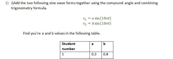 1) i)Add the two following sine wave forms together using the compound angle and combining
trigonometry formula.
v₁ = a sin(10nt)
v₂ = b sin (10nt)
Find you're a and b values in the following table.
Student
number
1
a
0.3
b
0.8