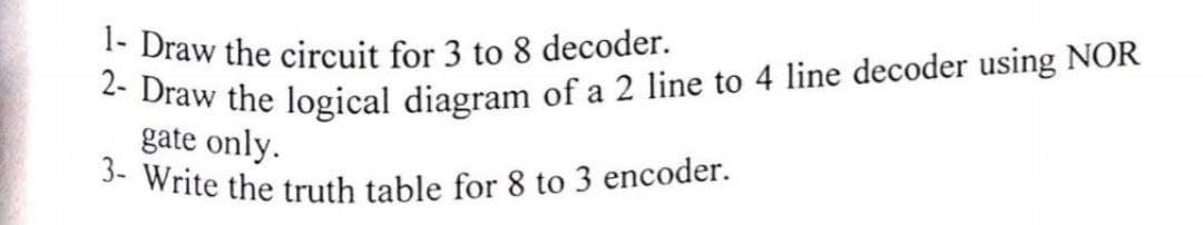 2- Draw the logical diagram of a 2 line to 4 line decoder using NOR
3- Write the truth table for 8 to 3 encoder.
1- Draw the circuit for 3 to 8 decoder.
gate only.
