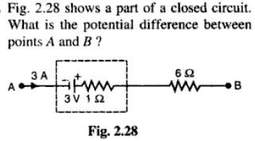 Fig. 2.28 shows a part of a closed circuit.
What is the potential difference between
points A and B ?
3 A
A•
62
B
3 V 1 2
Fig. 2.28
