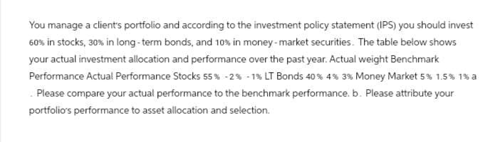 You manage a client's portfolio and according to the investment policy statement (IPS) you should invest
60% in stocks, 30% in long-term bonds, and 10% in money-market securities. The table below shows
your actual investment allocation and performance over the past year. Actual weight Benchmark
Performance Actual Performance Stocks 55% - 2% -1% LT Bonds 40% 4% 3% Money Market 5% 1.5% 1% a
Please compare your actual performance to the benchmark performance. b. Please attribute your
portfolio's performance to asset allocation and selection.