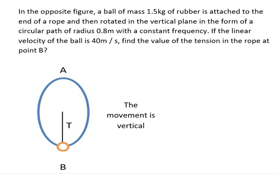 In the opposite figure, a ball of mass 1.5kg of rubber is attached to the
end of a rope and then rotated in the vertical plane in the form of a
circular path of radius 0.8m with a constant frequency. If the linear
velocity of the ball is 40m / s, find the value of the tension in the rope at
point B?
A
The
movement is
T
vertical
B
