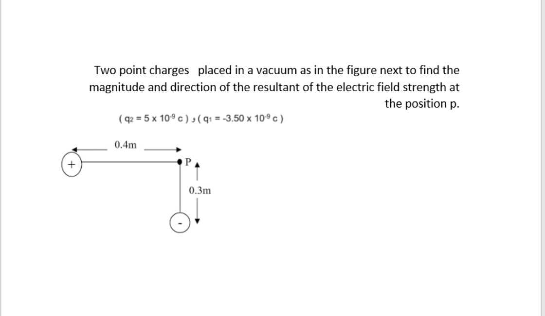 Two point charges placed in a vacuum as in the figure next to find the
magnitude and direction of the resultant of the electric field strength at
the position p.
( q2 = 5 x 109 c)(q1 = -3.50 x 109 c)
0.4m
0.3m
