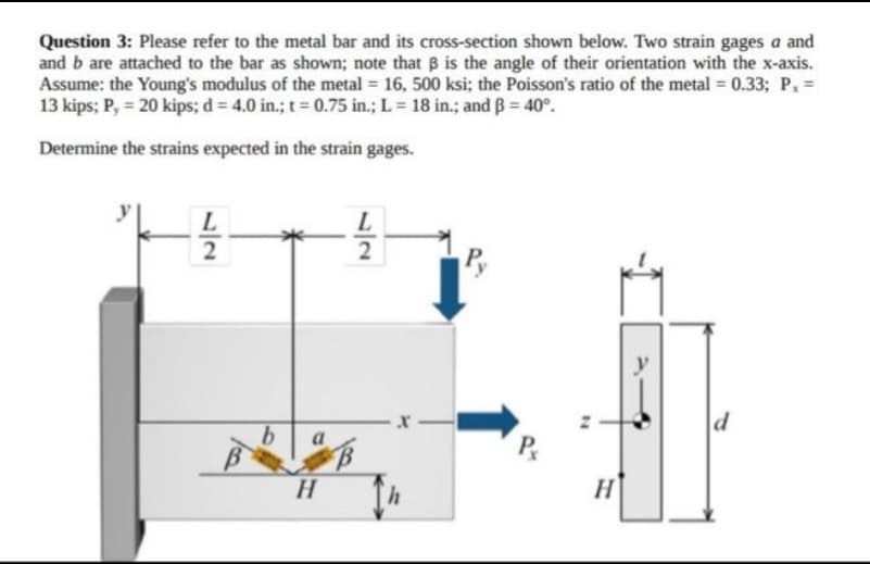 Question 3: Please refer to the metal bar and its cross-section shown below. Two strain gages a and
and b are attached to the bar as shown; note that 3 is the angle of their orientation with the x-axis.
Assume: the Young's modulus of the metal = 16, 500 ksi; the Poisson's ratio of the metal = 0.33; P, =
13 kips; P, = 20 kips; d = 4.0 in.; t = 0.75 in.; L = 18 in.; and B = 40°.
Determine the strains expected in the strain gages.
가
2
B
b
a
H
Ps
N
H
y
d