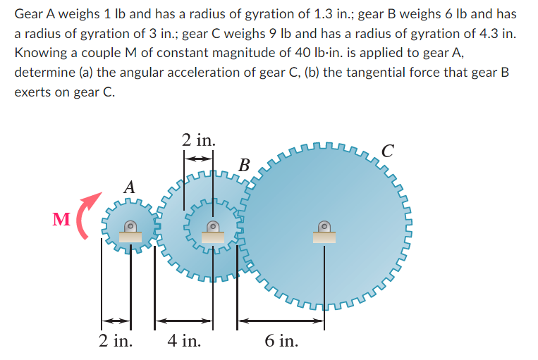 Gear A weighs 1 lb and has a radius of gyration of 1.3 in.; gear B weighs 6 lb and has
a radius of gyration of 3 in.; gear C weighs 9 lb and has a radius of gyration of 4.3 in.
Knowing a couple M of constant magnitude of 40 lb-in. is applied to gear A,
determine (a) the angular acceleration of gear C, (b) the tangential force that gear B
exerts on gear C.
M
A
2 in.
2 in.
borg
J
4 in.
B
6 in.
с
w
ណ