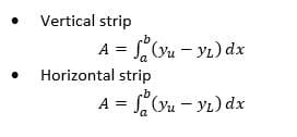 Vertical strip
A = "(vu - YL) dx
Horizontal strip
A = Ou - yı) dx
