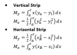 Vertical Strip
My = S x(yu - yı) dx
Mx = L(vå – vỉ) dx
Horizontal Strip
My =S (xỉ – xf) dx
Mx = y(xR - x1) dx
2 'a
