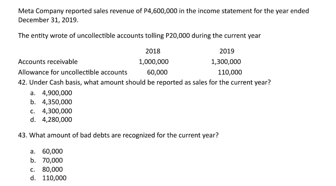 Meta Company reported sales revenue of P4,600,000 in the income statement for the year ended
December 31, 2019.
The entity wrote of uncollectible accounts tolling P20,000 during the current year
2018
2019
Accounts receivable
1,000,000
1,300,000
Allowance for uncollectible accounts
60,000
110,000
42. Under Cash basis, what amount should be reported as sales for the current year?
а. 4,900,000
b. 4,350,000
c. 4,300,000
d. 4,280,000
43. What amount of bad debts are recognized for the current year?
а. 60,000
b. 70,000
80,000
d. 110,000
С.
