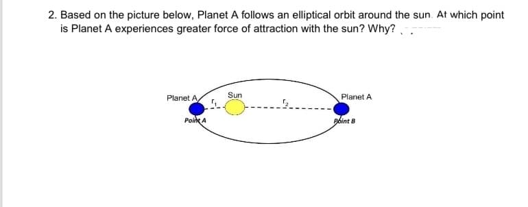 2. Based on the picture below, Planet A follows an elliptical orbit around the sun. At which point
is Planet A experiences greater force of attraction with the sun? Why? .
Planet A
Sun
Planet A
Poink A
Pbint B
