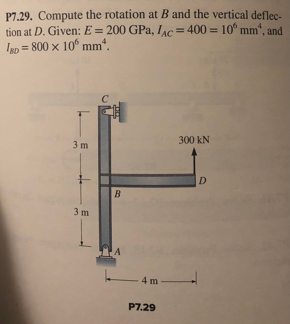P7.29. Compute the rotation at B and the vertical deflec-
tion at D. Given: E = 200 GPa, IAC= 400 = 10° mm“, and
IBD = 800 × 10° mm“.
%3D
%3D
%3D
%3D
300 kN
3 m
3 m
4 m -
P7.29
